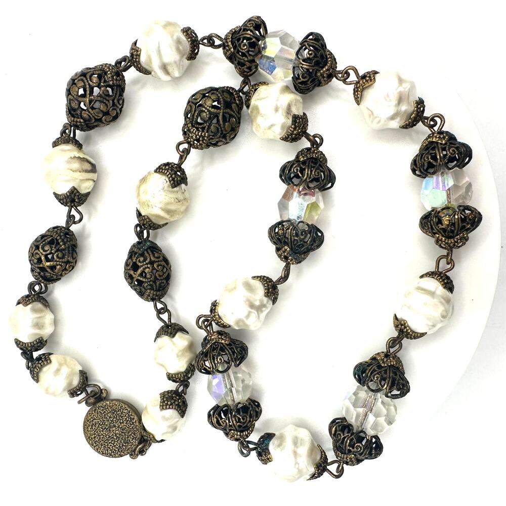 Vintage AB glass gold tone brass filigree faux pearls beads beaded 19” necklace